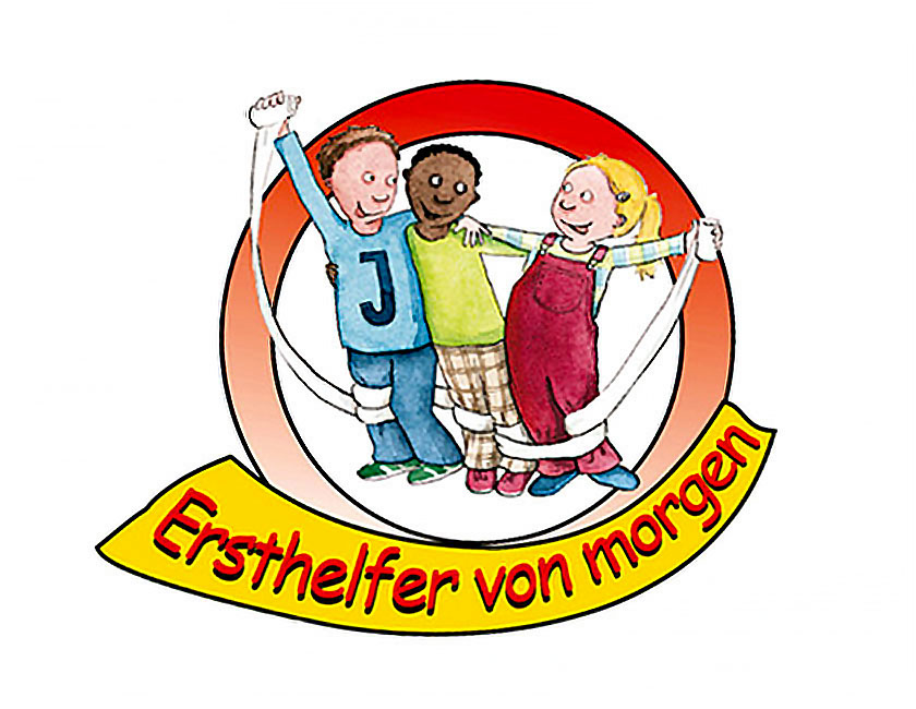 Zeichnung von drei Kindern die den Arm umeinander legen und einen ausgerollten Verband hochzeigen. Unterhalb steht "Ersthelfer von morgen"