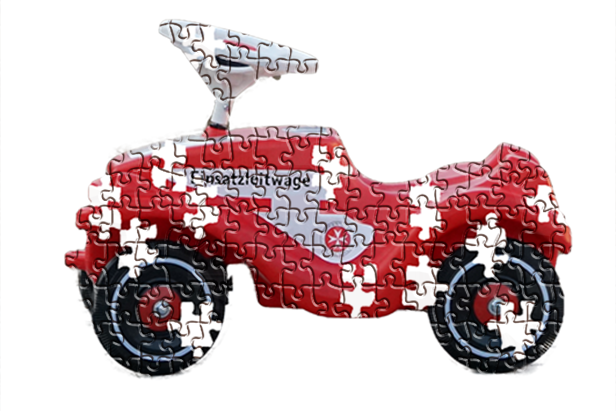 Finanzierung eines Einsatzleitwagens Bild eines rotes Bobbycars als Puzzle, in dem einige Teile fehlen