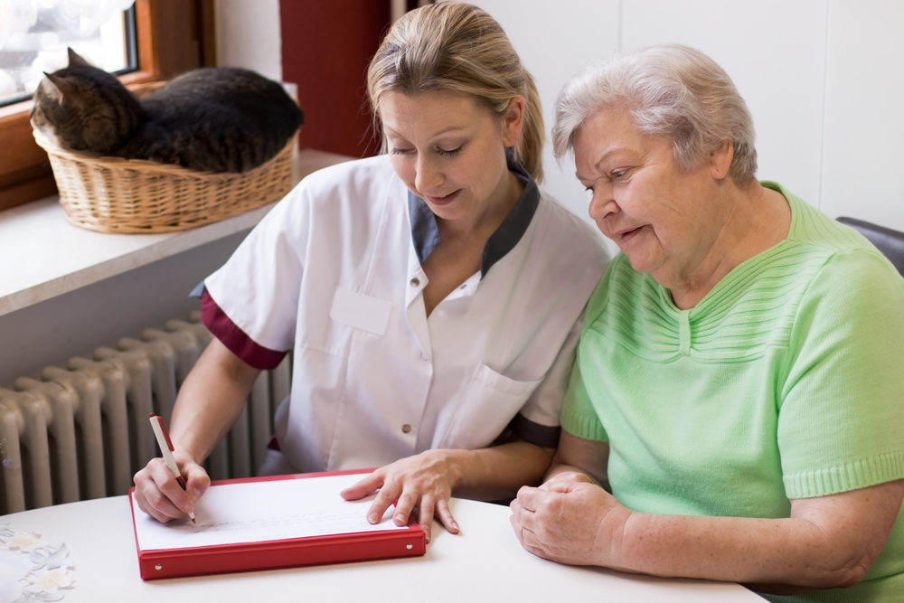Blonde Pflegekraft, die einer Seniorin etwas erläutert
