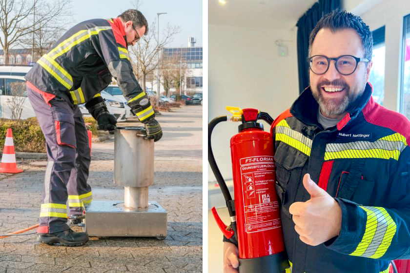 Mann in Schutzkleidung beim Brandschutzhelferkurs, links übt er am Gerät, rechts hält er Feuerlöscher.