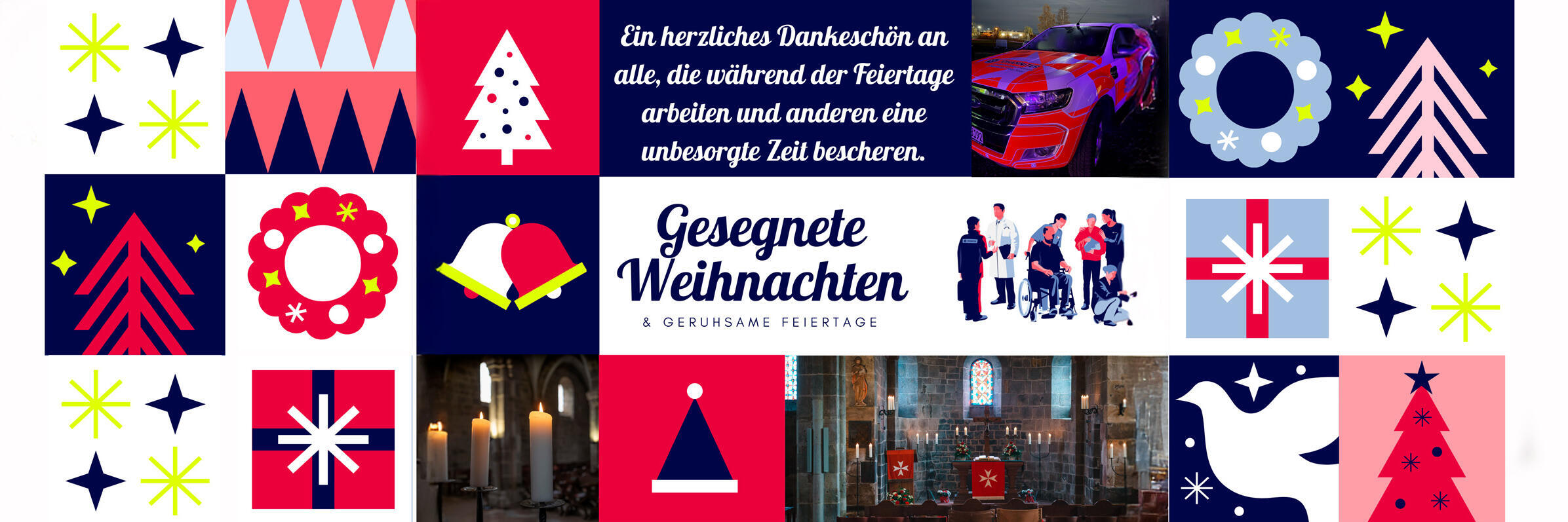 Grafik mit Weihnachtsmotiven und der Komturkirche