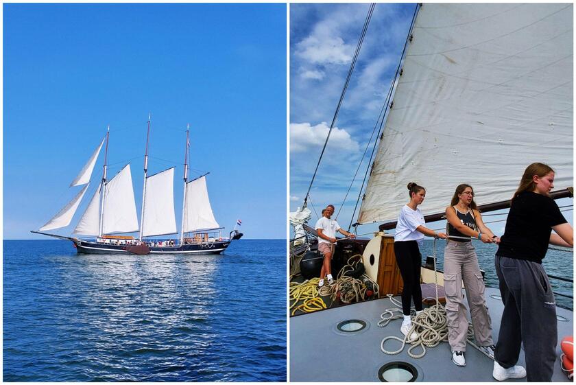 Links: Ein Segelschiff auf dem Meer. Rechts: Jugendliche ziehen an einem Seil auf einem Segelschiff.