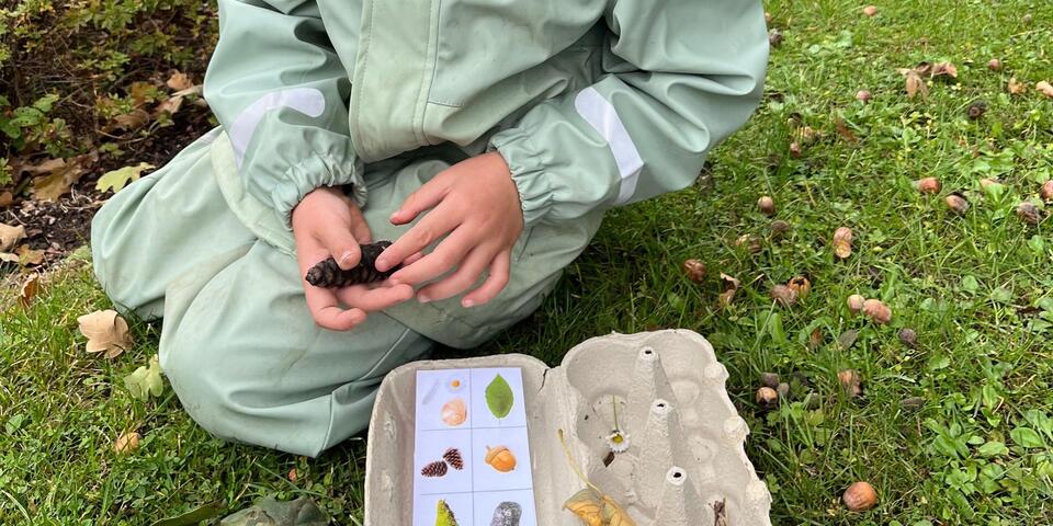 Ein Kind sitzt auf einem rasen und hält Blätter in der Hand. Vor ihm liegt ein Eierkarton mit Naturmaterialien