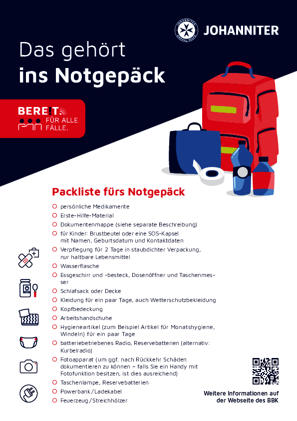 Eine Checkliste als PDF zum Download beschreibt die Inhalte des Notfallrucksacks.