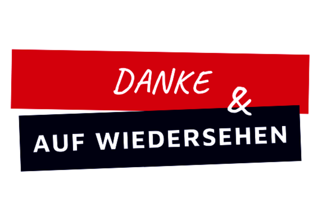 Auf dem Bild ist der Text "Dankeschön und auf Wiedersehen" abgebildet.