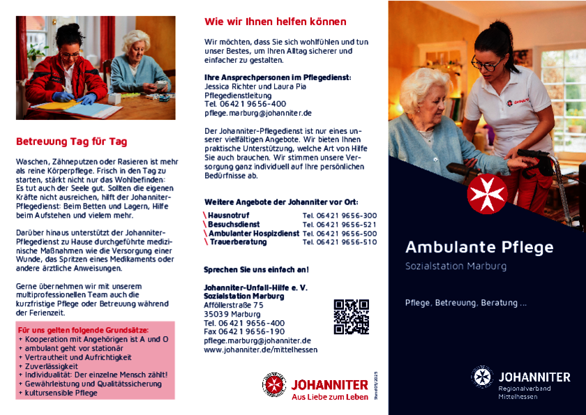 Pflegebroschüre (Faltblatt) der Johanniter-Sozialstation Marburg