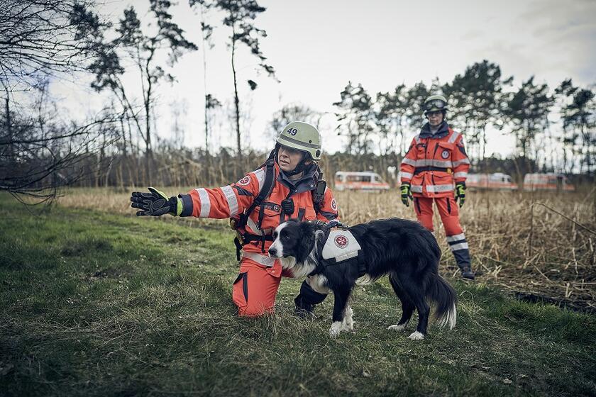 Eine Ehrenamtliche der Johanniter-Rettungshundestaffel weist einem Hund die Richtung.