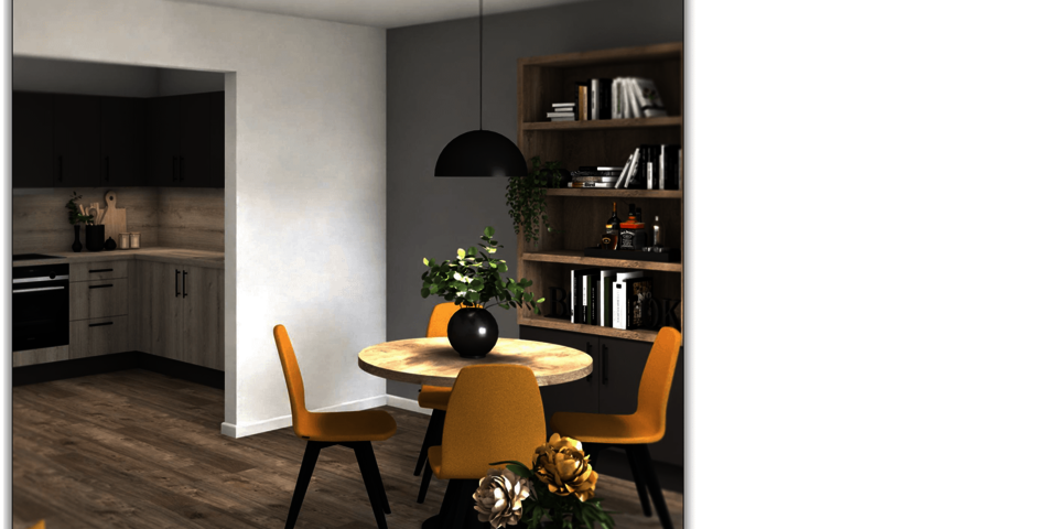 Visualisierung einer möblierten Wohnung. Im Hintergrund eine Küche mit Herd, Unter- und Oberschränken, im Vordergrund ein runder Esstisch mit vier Stühlen.