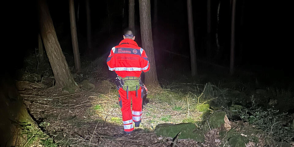 Es ist Nacht. Eine Einsatzkraft im Wald.