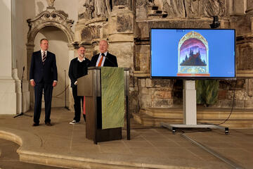 Pfr Dr. Christoph Herbst (Vizepräsident Landessynode Sachsen, Ev.-Luth. Kirchgemeinde DD-Blasewitz) Privatdozent Dr. Holger Birkholz (Konservator im Albertinum, SKD), Volkmar Kuhn (Moderator); Quelle: JHG Dresden