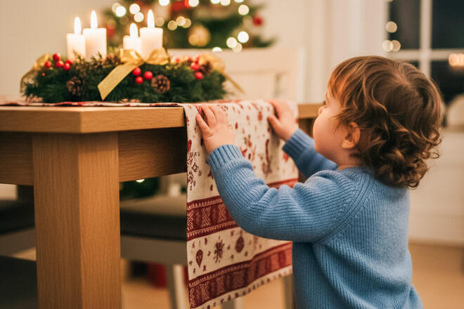 Kleines Kind hält sich an Tischdecke fest. Adventskranz mit Kerzen auf dem Tisch.