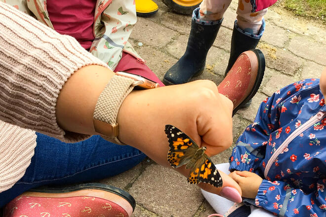 Eine Frau hat einen Schmetterling auf der Hand. Kinder beobachten ihn. 