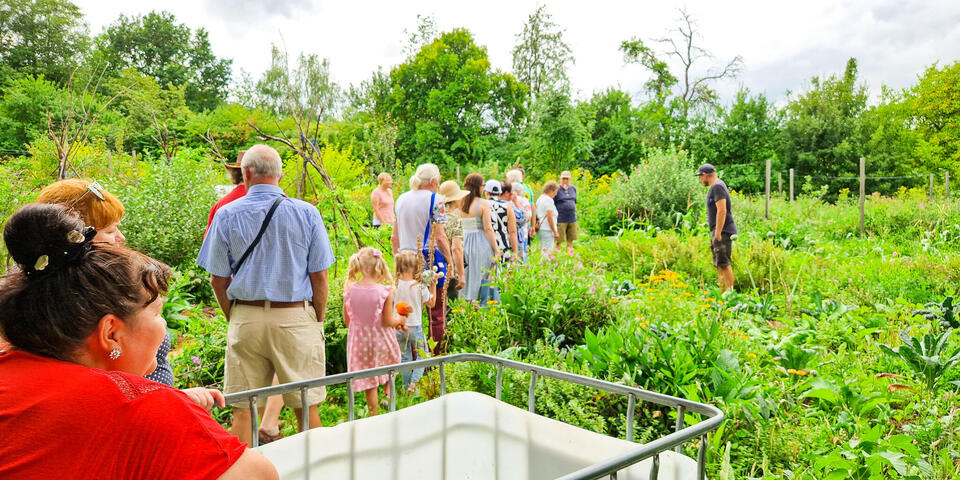 Ein Mann erklärt anderen Personen auf einem Feld etwas
