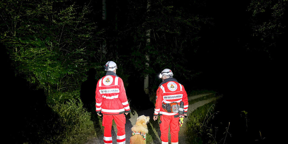 Es ist Nacht zwei Einsatzkräfte mit Hunden im Wald. 