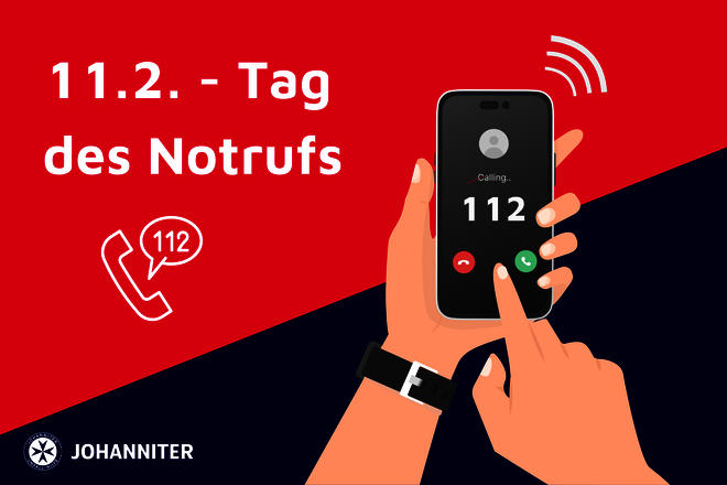 Grafik zeigt vor einem rot-blauen Hintergrund mit einem Johanniter-Logo den Text "11.2. – Tag des Notrufs" und zwei Hände, die ein Handy halten, auf dem die gewählte Nummer 112 zu sehen ist.