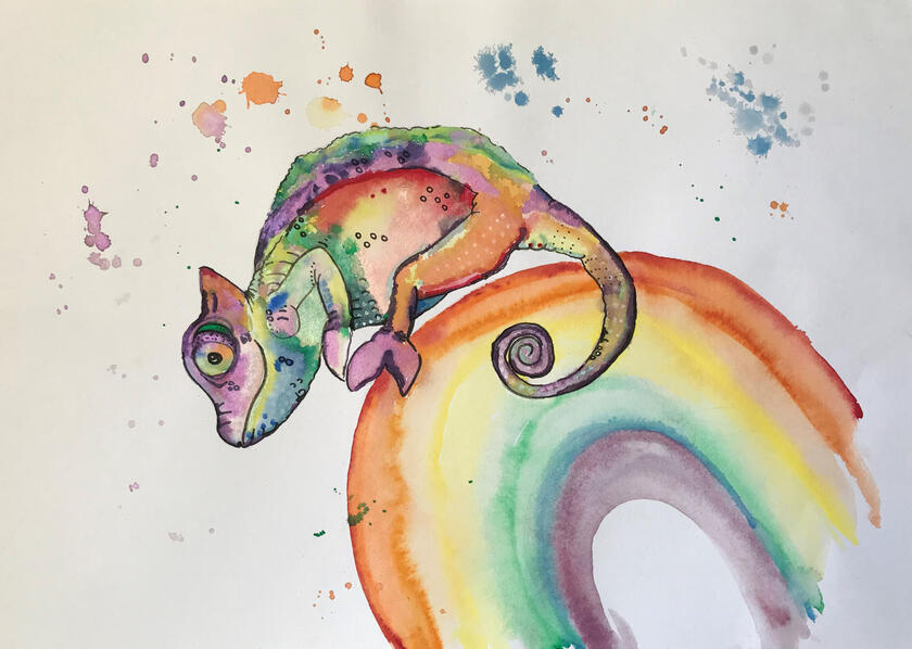 Zeichnung eines Chameleons auf einem Regenbogen