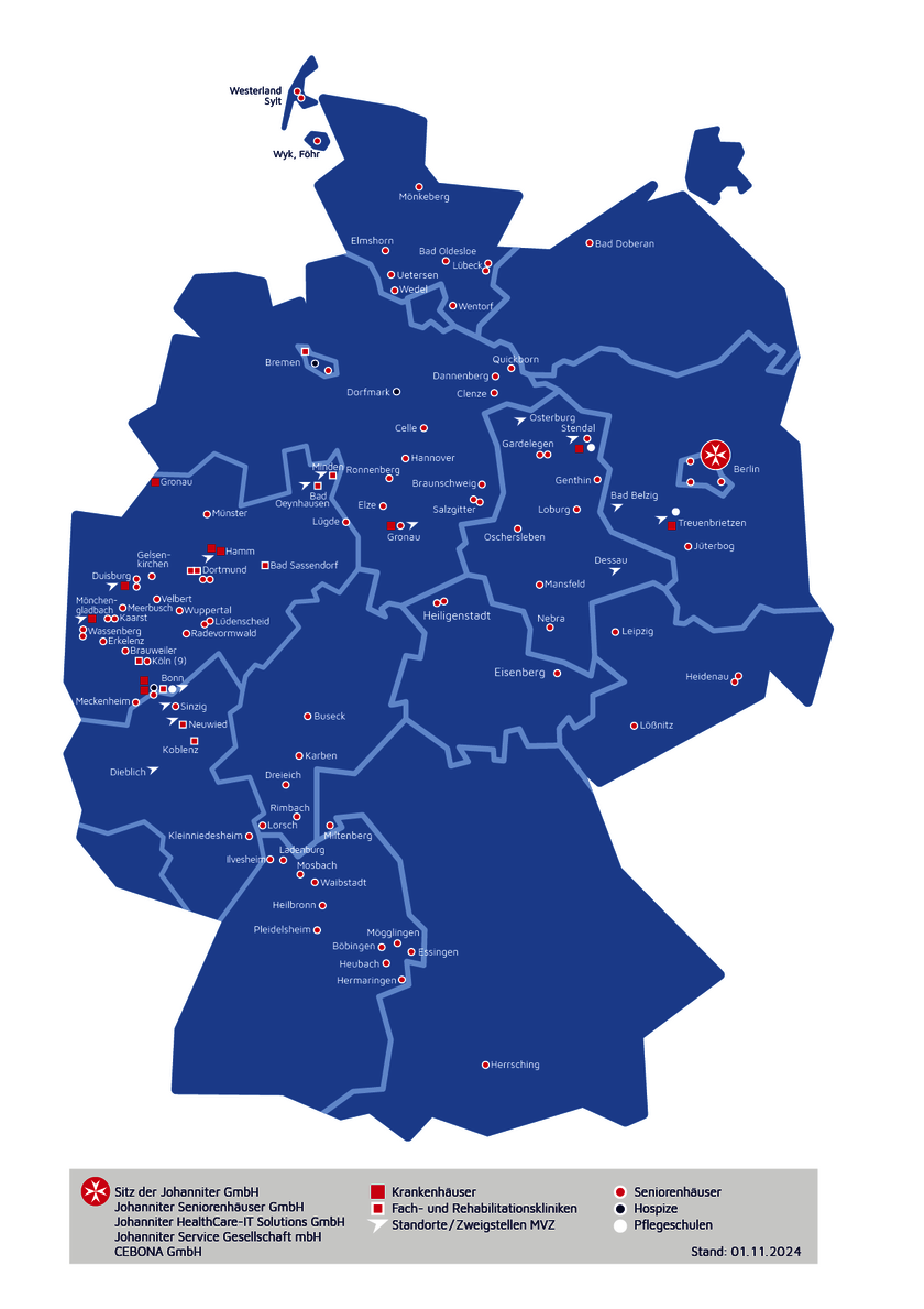 Deutschlandkarte mit Standorten der Johanniter