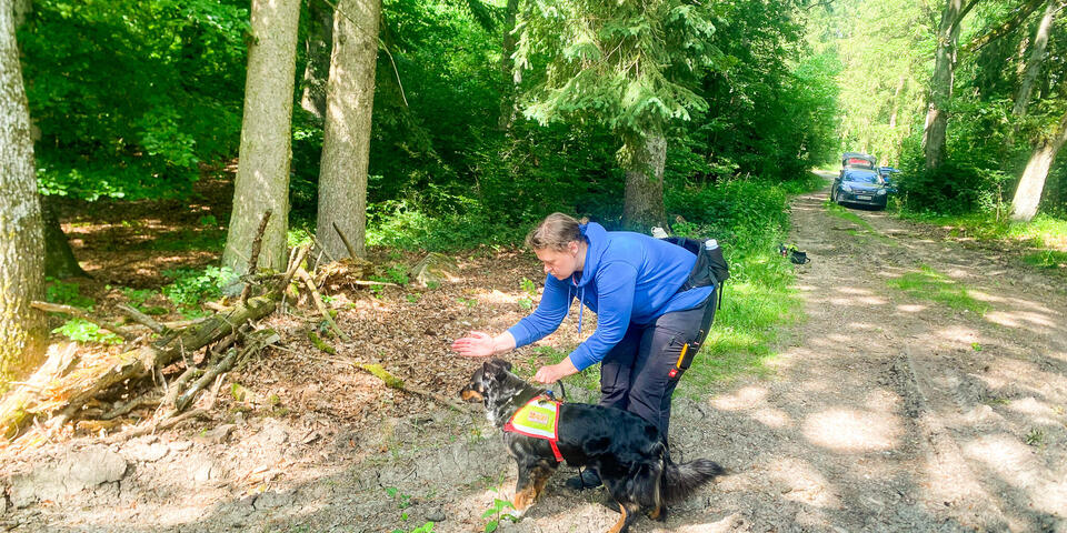 Eine Frau Zeigt ihrem Hund die Richtung
