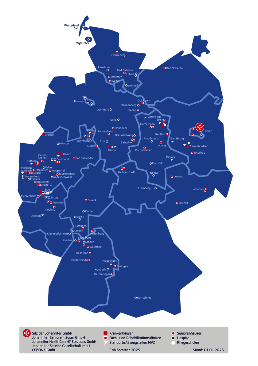 Deutschlandkarte mit Standorten der Johanniter