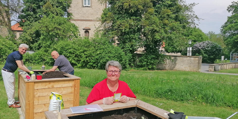 Erwachsene bepflanzen Hochbeete in einem Park