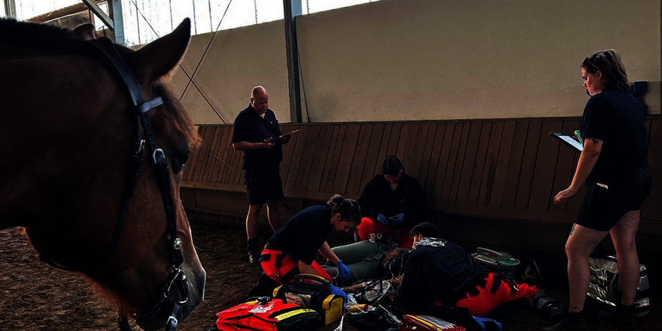 Versorgung einer gestürzten Reiterin in Reithalle