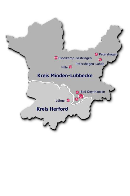 Karte von den Kreisen Minden-Lübbecke und Herford mit den Einrichtungen des Johanniter-Regionalverbandes Minden-Ravensberg