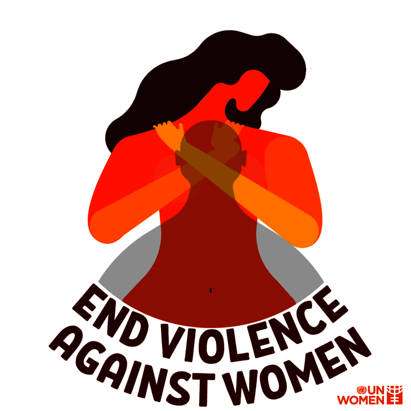 Banner der UN zum Tag gegen Gewalt an Frauen: eine Illustration der Umrisse einer Frau in Orange mit der Aufschrift End Violence Against Women und dem Logo der UN Women