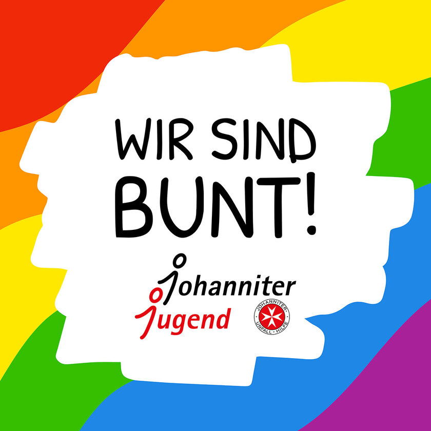 EIn Schriftzug "Wir sind bunt" steht auf einem bunten Hintergrund. Darunter das Johanniter-Jugend-Logo.