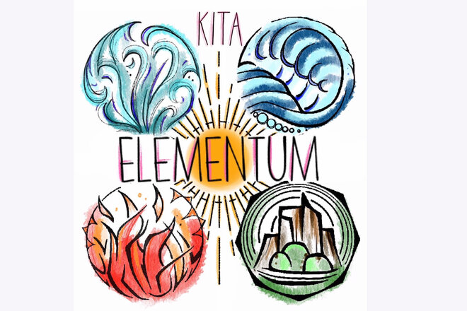 Kita Logo gezeichnet mit den vier Elementen Feuer, Wasser, Erde und Luft