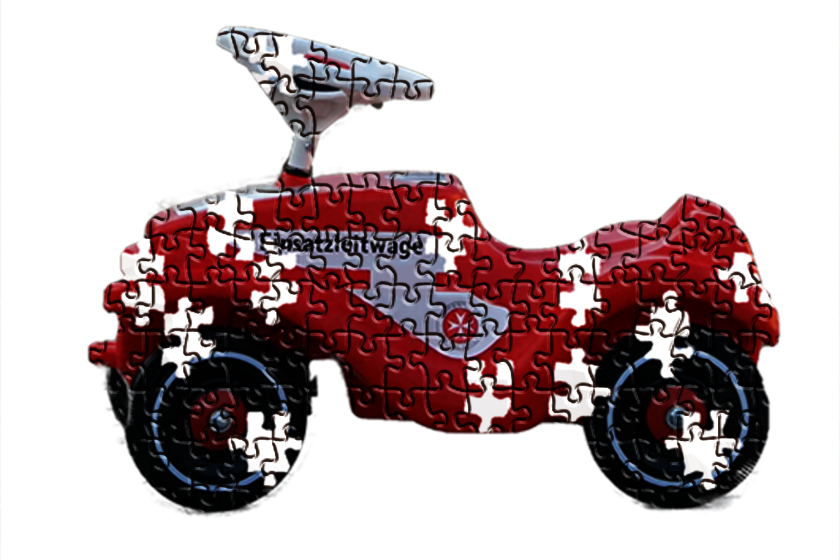 Bild eines rotes Bobbycars als Puzzle, in dem einige Teile fehlen