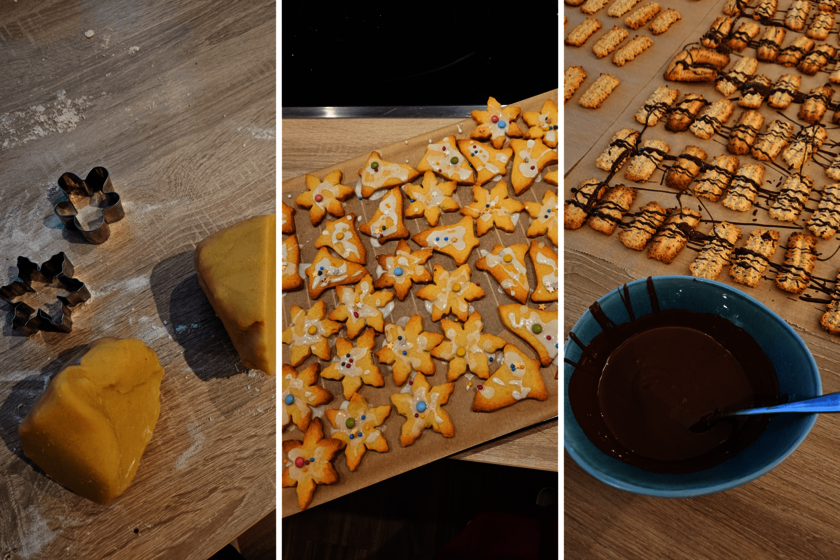 Collage aus drei Fotos, die Teig und Ausstechfömchen, fertige Plätzchen und ein Gefäß mit geschmolzener Schokolade zeigen