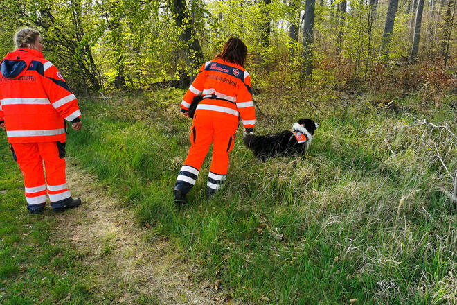 Zwei Mitglieder der Rettungshundestaffel mit Hund auf der Suche