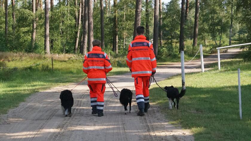 Rettungshunde gehen mit ihren Haltern spazieren