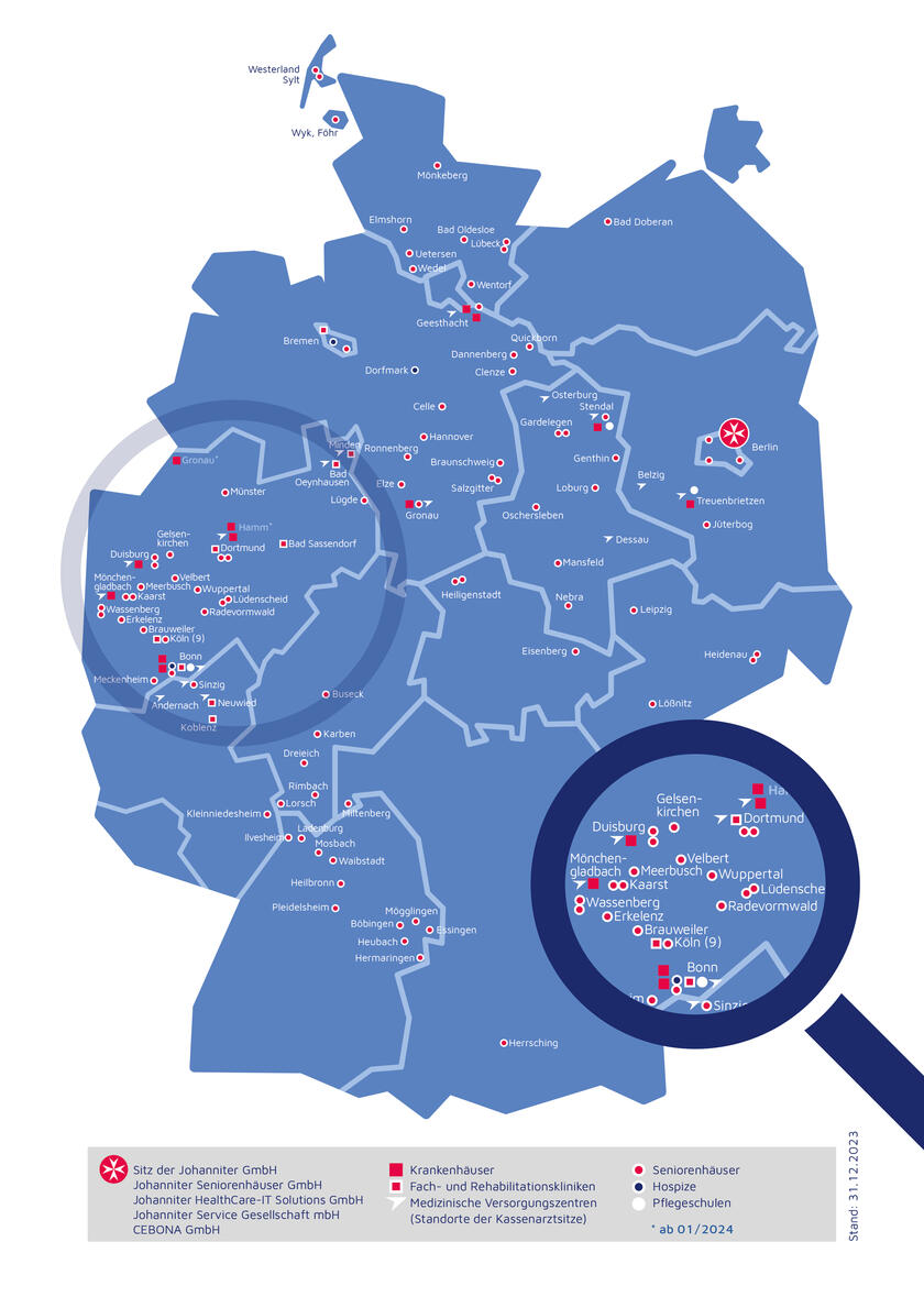 Deutschlandkarte mit Standorten der Johanniter