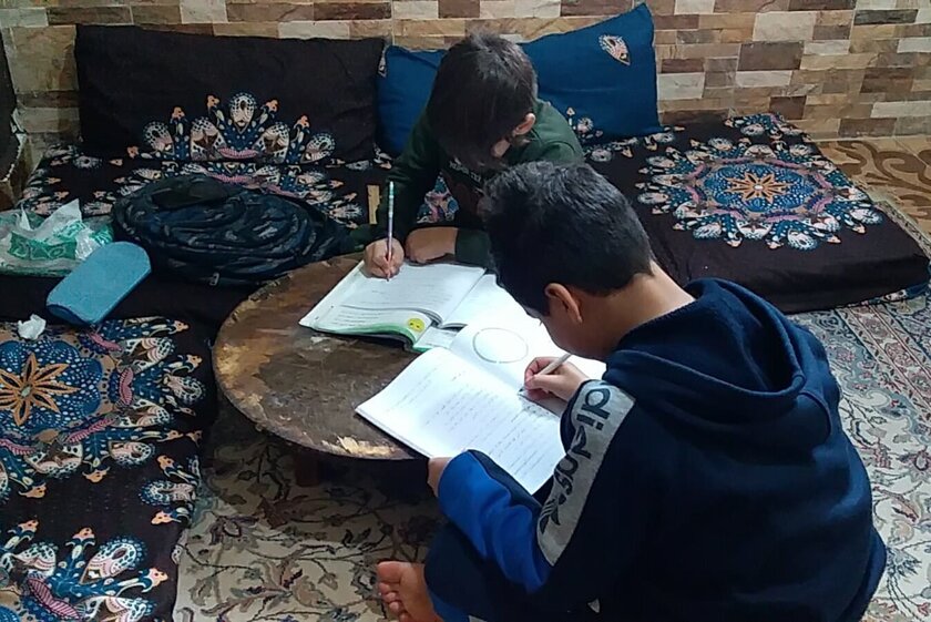 A boy makes his homework at the table in a living room