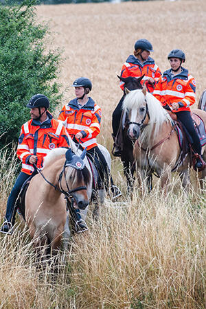 Eine Gruppe Sanitätsreiter der Reiterstaffel in unwegsamem Gelände.