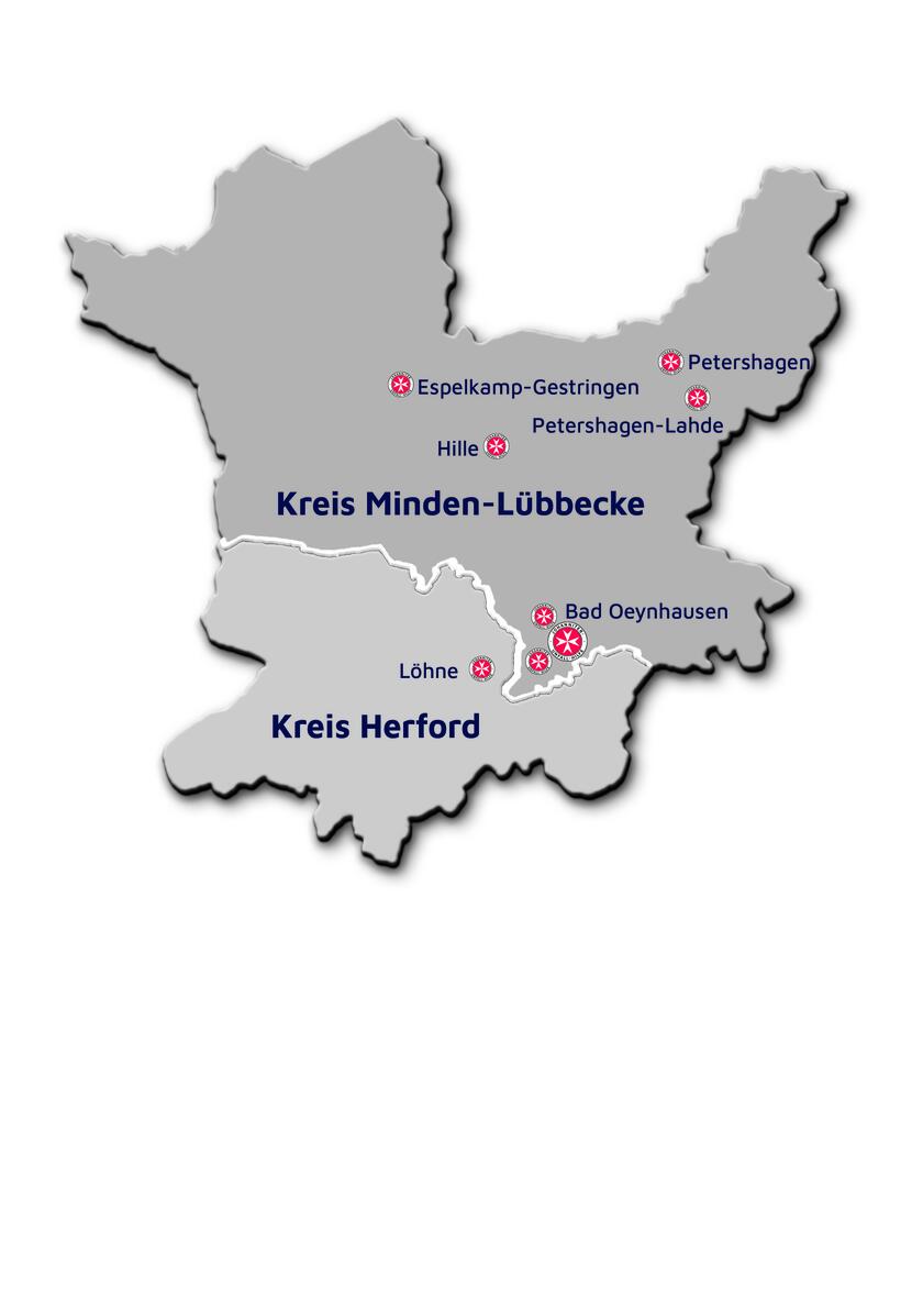 Karte von den Kreisen Minden-Lübbecke und Herford mit den Einrichtungen des Johanniter-Regionalverbandes Minden-Ravensberg