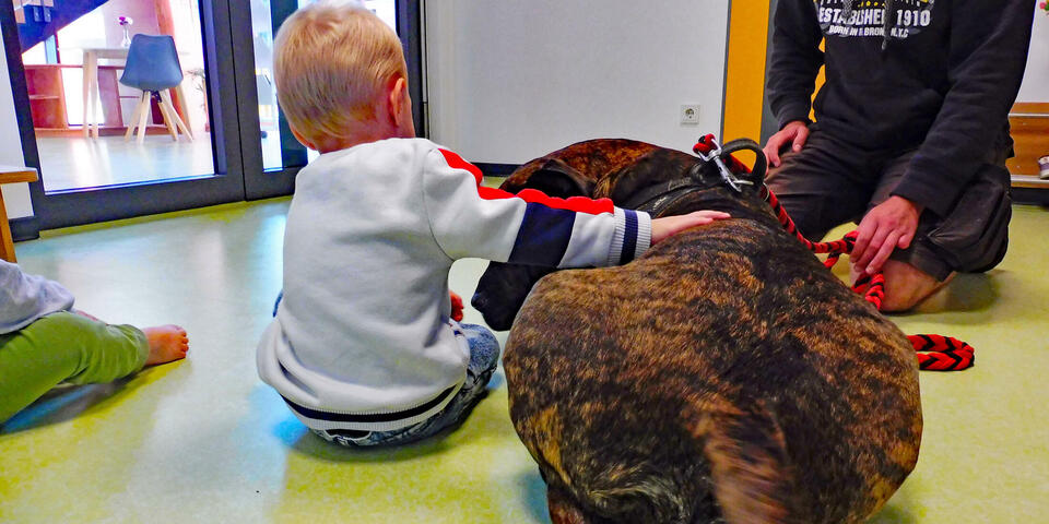 Ein Kind und ein Hund sitzen auf dem Boden. Das Kind umarmt den Hund